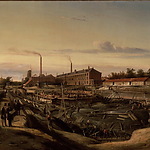 De bouw van twee gashouders van de Hollandsche Gazfabriek aan de Schans, 1847