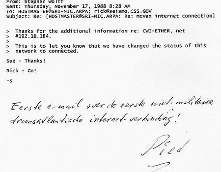 Historisch e-mailbericht via de eerste transatlantische EUnet-verbinding.
