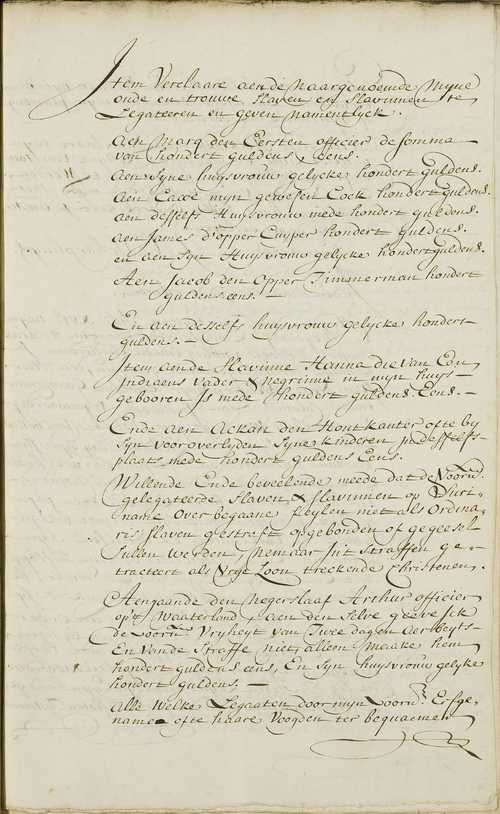 Folio uit het testament van Joan van Scharphuysen, met bepalingen over de tot slaaf gemaakten op zijn plantages