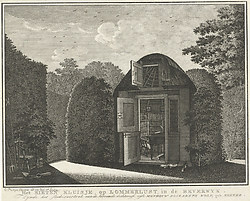 Caspar Jacobsz. Philips, het tuinhuisje op Lommerlust, ets, circa 1784, Rijksmuseum. De tekst is van later datum