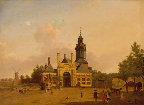 Jan ten Compe, De Haarlemmerpoort, Het Haarlemmerplein gezien naar de Haarlemmerpoort in westelijke richting, ca. 1754