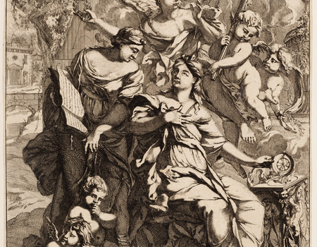 Zinnebeeldige voorstelling van twee vrouwen bij een altaar, omringd door engelen