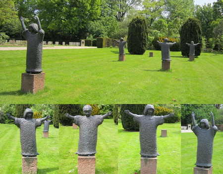 Boven:  een overzicht van de 4 beelden zoals ze op een strooiveld op de begraafplaats staan. Onder: de 4 beeldjes naast elkaar.