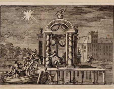 Vluchtende pyrotechnici bij een groote versiering op de Vijverberg te Den Haag ter ere van de geboorte van de zoon van koning Jacobus II , 1698