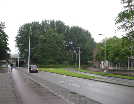 Ter oriëntatie: De Kamerlingh Onneslaan richting Amstelstation. Rechts het Pieter Nieuwlandcollege. Links achteraan het tunneltje.