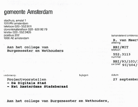 GEVONDEN: Brief met Projectvoorstel 'De Digitale Stad' van 27 september 1993