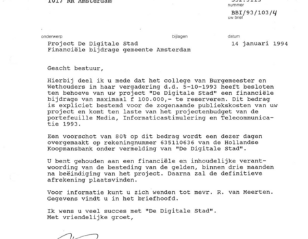 Brief van Gemeente Amsterdam aan De Balie 14 januari 1994