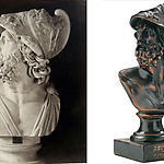 Links: Menelaus (Vaticaanse Musea, Rome). Rechts: Ajax-buste zoals die te koop is in de fanshop.