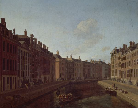 De bocht in de Herengracht vanaf de brug van de Vijzelstraat (1685)