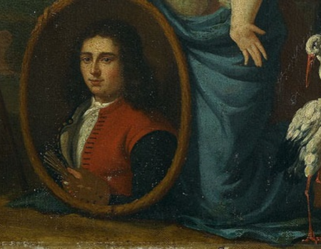 Juriaen (II) Pool, Allegorische voorstelling met zelfportret in wezenkleding, 1688 (detail)