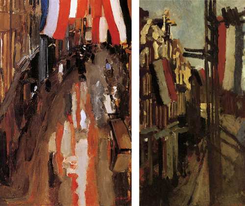 George Hendrik Breitner, Twee versies van Kalverstraat met vlaggen, ca. 1894. Singer Laren en particuliere collectie.