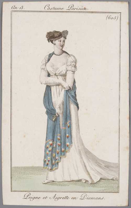 Dame met gesloten waaier, prent Costume Parisien, 1803-1812