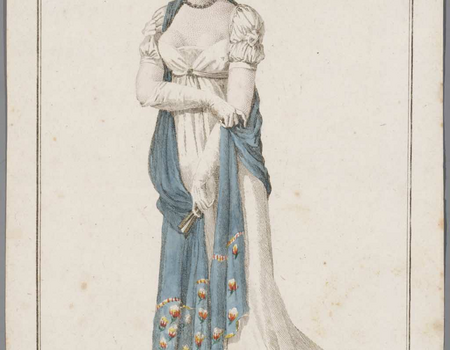Dame met gesloten waaier, prent Costume Parisien, 1803-1812