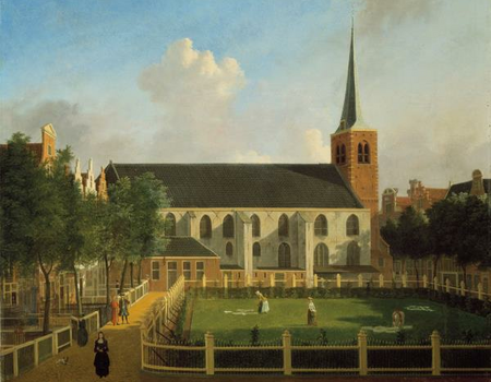 Het Begijnhof met de Engelse Kerk, Jan ten Compe (1713-1761), 1754, collectie Amsterdam Museum