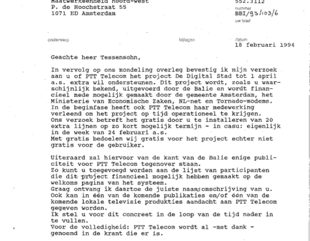 Download: Scan van de brief van de gemeente Amsterdam aan PTT van 18 februari 1994