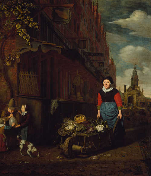 Michiel van Musscher, Het varken op de leer met gezicht op de Haarlemmerpoort, 1668 (voor restauratie)