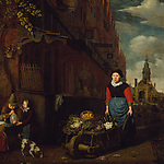 Michiel van Musscher, Het varken op de leer met gezicht op de Haarlemmerpoort, 1668 (voor restauratie)