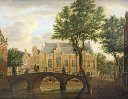 Jan de Beijer, Het Spui met de Oude Lutherse Kerk gezien vanaf de Nieuwezijds Voorburgwal, 1765