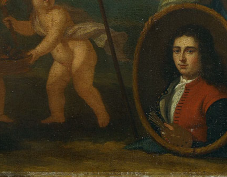 Juriaen (II) Pool, Allegorische voorstelling met zelfportret in wezenkleding, 1688 (detail)