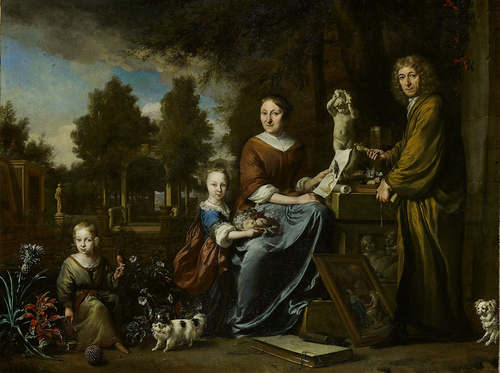 Jan Weenix, Agnes Block (1629-1704), Sybrand de Flines (1623-1697) en twee kinderen op de buitenplaats Vijverhof, 1684-1704