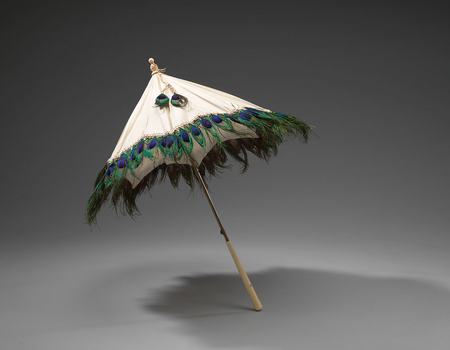 Parasol, zijde, pauwenveren, ivoor, metaal, 1860-1880