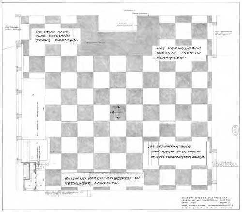 Afb. 37 plattegrond keuken, B. van Kasteel. Hierin zijn elementen van de bestaande situatie (deuren, schouw) gecombineerd met ontwerpplannen voor de verbouwing (vloertegels, aanrecht, deuren, schouw)
