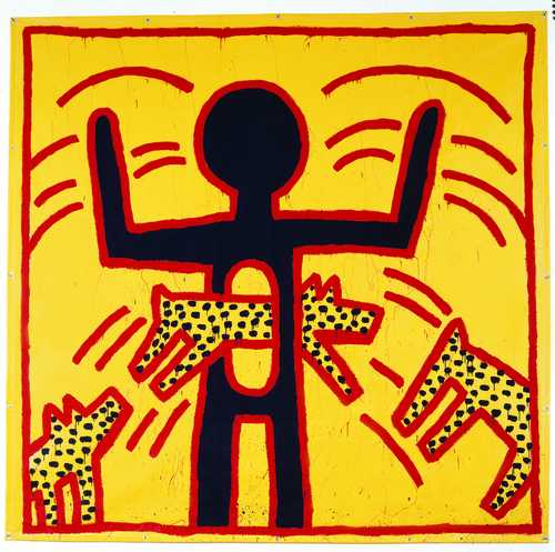 Keith Haring. Zonder titel, vinylverf op vinyltarp, 365,7 x 375,9 cm, 1982 © Keith Haring Foundation. Salama bint Hamdan Al Nahyan Stichting, Abu Dhabi