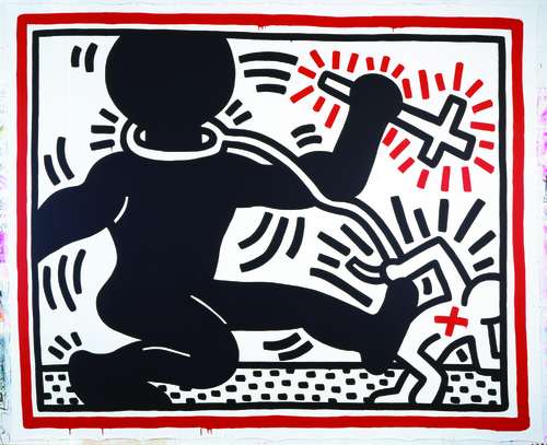 Keith Haring. Zonder titel, acryl op tarp (zeildoek), 289 x 365 cm, 1984 © Keith Haring Foundation. Collectie Stedelijk Museum Amsterdam