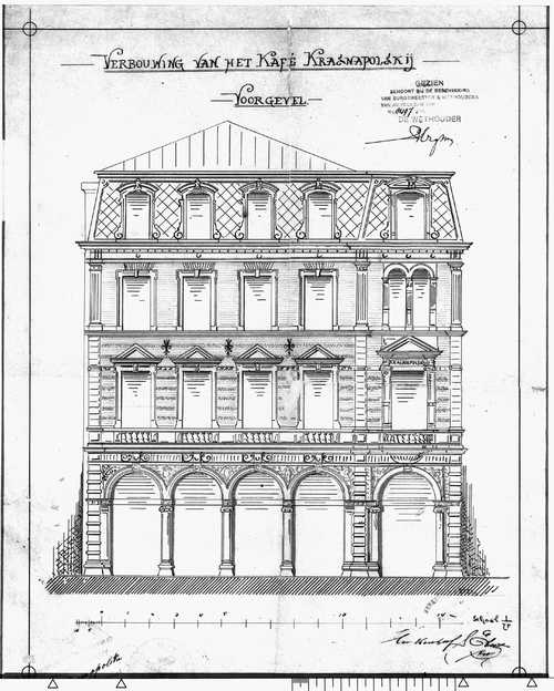 J.F. Henkenhaf en F. Ebert, Goedgekeurde bouwtekening voor Hotel Krasnapolsky, 1882, Stadsarchief Amsterdam