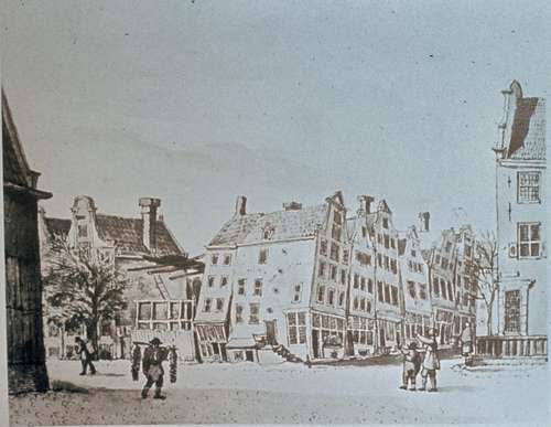 G. Lamberts, Verzakte huizen Leidsche plein, 1815