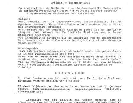 Vondst: Besluit Gemeente Amsterdam voor deelname onderzoek naar DDS (1994 )