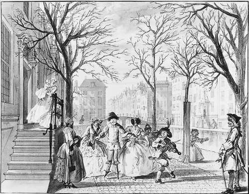 Cornelis Troost, Februari - Carnavalsvierders trekken langs een gracht, 1742