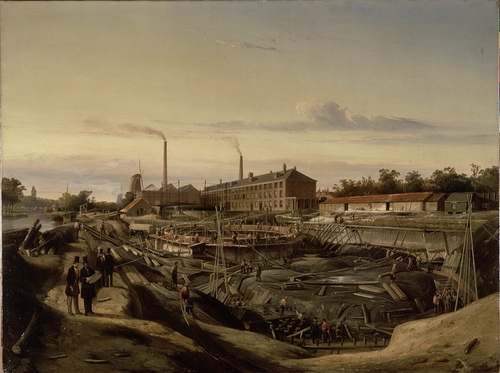 Cornelis Springer, De bouw van twee gashouders van de Hollandsche Gazfabriek aan de Schans 1847, Amsterdam Museum