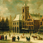 Een schilderij waar allerlei verschillende dieren op de ontdekken zijn. Jan Abrahamsz. Beerstraaten, De Dam met het oude stadhuis, ca. 1640. Amsterdam Museum, SA 2999.