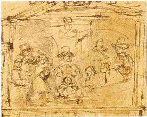 Rembrandt, Voorstudie voor De Anatomische les van Dr. Deijman, 1656, gewassen pentekening. Collecte Amsterdam Museum TA 7395