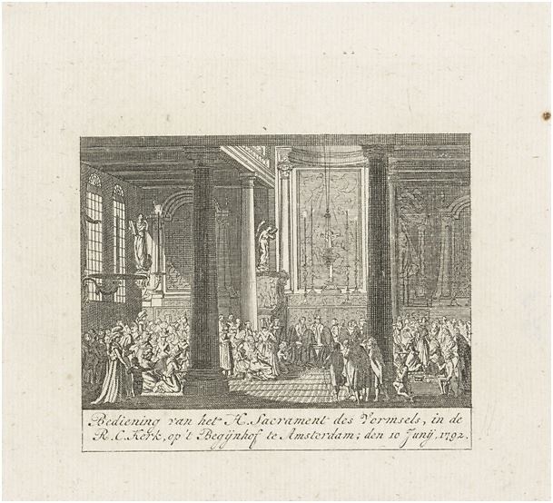 Toediening van het vormsel in de kerk op het Begijnhof te Amsterdam, 1792, toegeschreven aan Cornelis Brouwer, 1792, Collectie Rijksmuseum, Amsterdam