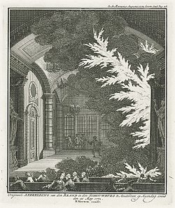 Anoniem, Brand van de Amsterdamse schouwburg, 1772, ets. Collectie Rijksmuseum
