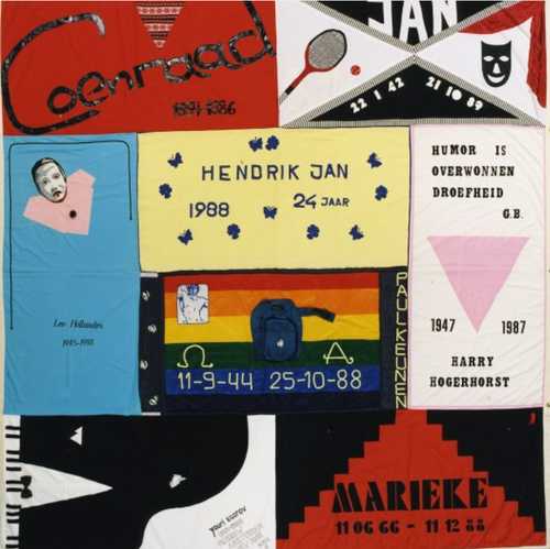 Quiltblok 2, met rechtsonder de zwart-rode naamvlag voor Marieke van Santen.