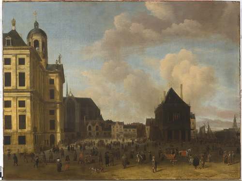 De vismarkt bij de Dam te Amsterdam met het Stadhuis en de Waag op de achtergrond