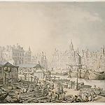 T. Rowlandson, De vismarkt bij de Dam te Amsterdam met het Stadhuis en de Waag op de achtergrond