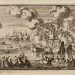 Prent uit "Historische kronyck of algmeene historische gedenk-boeken" door J.L. Gottfried, voorstellende de Hollandse koopvaardijvloot die wordt vernietigd, 1698. Amsterdam Museum, A 48449.