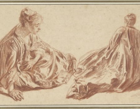 Tekening: Twee studies van een zittende vrouw, Jean Antoine Watteau, 1709 - 1721. Rijksmuseum (RP-T-1953-181).
