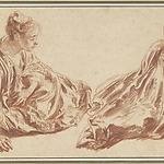 Tekening: Twee studies van een zittende vrouw, Jean Antoine Watteau, 1709 - 1721. Rijksmuseum (RP-T-1953-181).