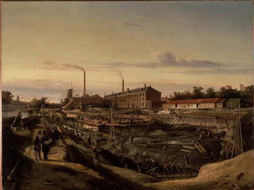 De bouw van twee gashouders van de Hollandsche Gazfabriek aan de Schans, 1847 Cornelis Springer