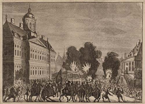 Het Aansprekersoproer op de Dam bij avond in 1696. Bron: Stadsarchief Amsterdam.