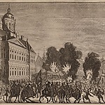 Het Aansprekersoproer op de Dam bij avond in 1696. Bron: Stadsarchief Amsterdam.