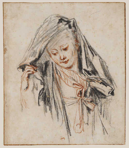 Jean Antoine Watteau (1684-1721), Jonge vrouw die haar mantilla oplicht, ca.1717