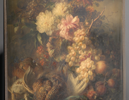 Het schilderij 'Vogels en vruchten' van Georgius Jacobus Johannes van Os (inv.nr. SA 214) op de ezel