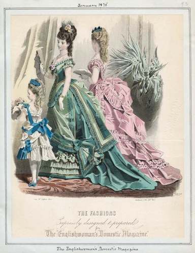 'The Fashions', modeprent uit 'The Englishwoman's Domestic Magazine', januari 1875.