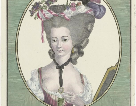Gallerie des Modes et Costumes Français, 1781, oo 222 : Coëffure d'une Dame de qualité coëffée par M Leonard Coëffeur de la Reine. (Rijksmuseum, RP-P-2009-1189)